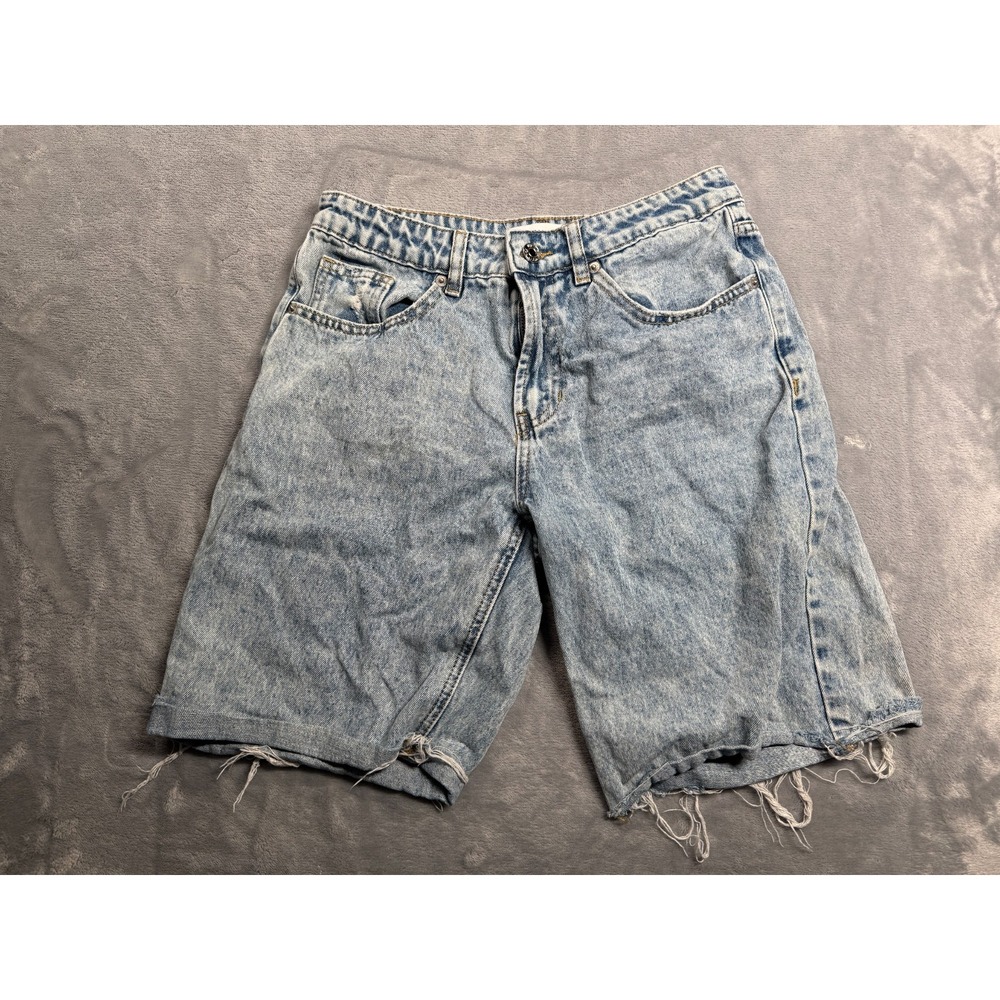 Witty Fox Shorts Womens 5 Blue Denim Cotton Acid Wash Mid Rise Logo Frayed Hem